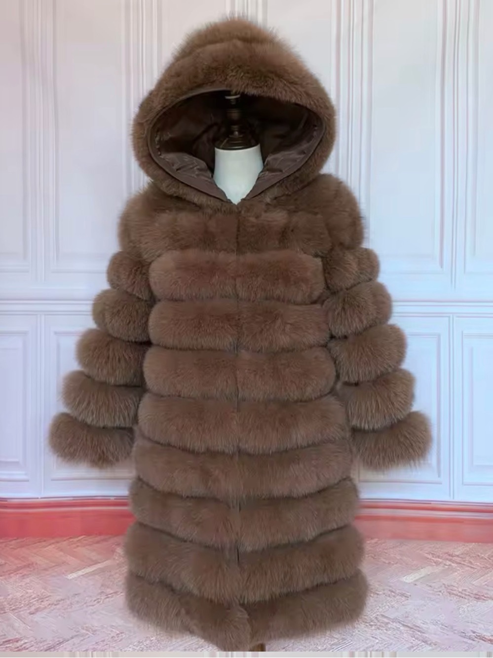 Luxury Hooded Brown Real Fox Fur Coat for Women